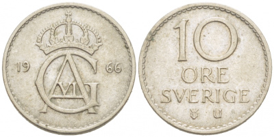 Швеция 10 эре 1966 U Густав VI Адольф (1950-1973) KM 835 медно-никель 3955-324