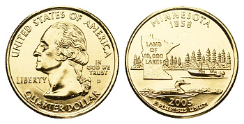 США 1/4 доллара (25 центов) 2005 Квотер штата Миннесота KM 371 медь плакированная золотом UNC 11-265-37
