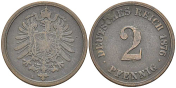 ГЕРМАНИЯ 2 ПФЕННИГА 1876 A, СТАРОГЕРБОВКА KM 2, J. 2, Weege 3 медь 212-632