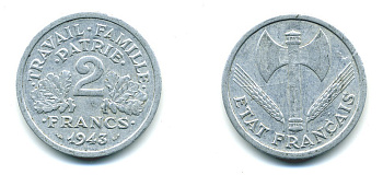 Франция 2 франка 1943 правительство Виши KM 904.1 алюминий 54-1223