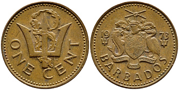 Барбадос 1 цент 1973 сломанный трезубец Британии KM 10 бронза 4396-1253