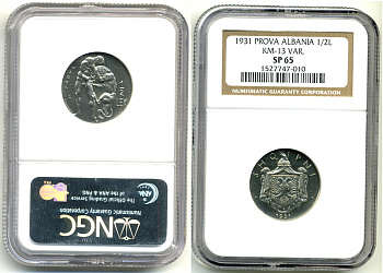 Албания 1/2 лека 1931 Геракл разрывает Немейского льва, пробный выпуск, PROVA, в слабе NGS SP 65 KM 13 var никель PROOF 15-006-18