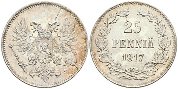 Россия для Финляндии 25 пенни 1917 S, временное правительство, без короны KM 19, Биткин 2 серебро aUNC 4580-1232