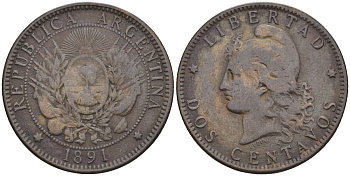 Аргентина 2 сентаво 1891 голова свободы влево KM 33, CJ 32 бронза    4394-824