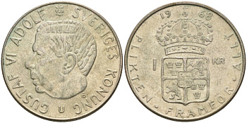Швеция 1 крона 1968 U, Густав VI Адольф (1950-1973) KM 826 серебро 4545-1242