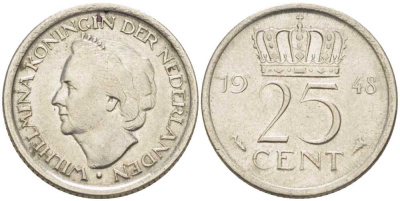 НИДЕРЛАНДЫ 25 ЦЕНТОВ 1948 ВИЛЬГЕЛЬМИНА (1890-1948) KM 177 никель 211-628