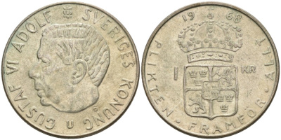 Швеция 1 крона 1968 U, Густав VI Адольф (1950-1973) KM 826 серебро 4545-1242