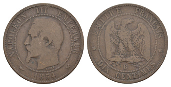 Франция 10 сантимов 1854 B, Наполеон III (1852-1870) KM 771.2, Le Franc 133/11 бронза 215-122