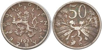 Чехословакия 50 геллеров 1921 KM 2 медно-никель 4613-1051