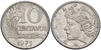 БРАЗИЛИЯ 10 СЕНТАВО 1975 РЕФОРМА 1967-1985, ГОЛОВА СВОБОДЫ ВЛЕВО KM 578.1а нержавеющая сталь 37-834