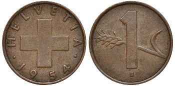 Швейцария 1 раппен 1954 KM 46 бронза 4174-139