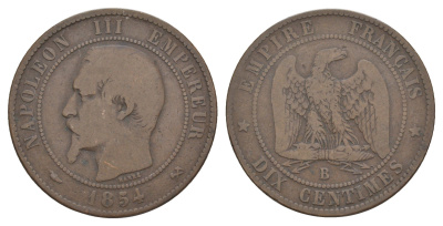 Франция 10 сантимов 1854 B, Наполеон III (1852-1870) KM 771.2, Le Franc 133/11 бронза 215-122