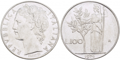 ИТАЛИЯ 100 ЛИР 1974 R, АФИНА KM 96.1 нержавеющая сталь 3718-432