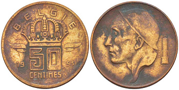 БЕЛЬГИЯ 50 САНТИМОВ 1953 BELGIE, БОДУЭН I (1951-1993) KM 145 бронза 214-634