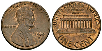 США 1 цент 1984 D, Линкольн KM 201b цинк плакированный медью 4136-239