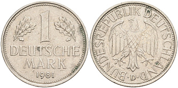 ФРГ 1 марка 1981 D KM 110, J. 385 медно-никель 4177-1153