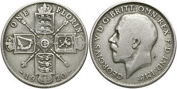 Великобритания 2 шиллинга = 1 флорин 1920 Георг V (1910-1936) KM 817а, Spink 4022А серебро 00-00