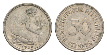 ФРГ 50 пфеннигов 1950 D KM 109.1, J. 384 медно-никель 4636-826