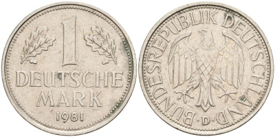 ФРГ 1 марка 1981 D KM 110, J. 385 медно-никель 4177-1153