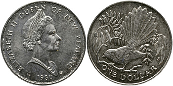 Новая Зеландия 1 доллар 1980 веерохвостка на ветке, Елизавета II (1952-2022) KM 49 медно-никель UNC 4527-915