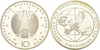 ФРГ 10 евро 2002 F, введение европейской валюты KM 215, DE.S. 10.1 серебро PROOF 02-069-56