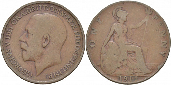 Великобритания 1 пенни 1911 Георг V (1910-1936) KM 810, Spink 4051 бронза 3996-232