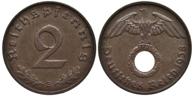 ГЕРМАНИЯ 2 РЕЙХСПФЕННИГА 1938 B KM 90, Jager 362 бронза 4546-855