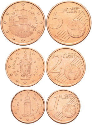 Сан-Марино лот из 3 монет 2006 1,2 и 5 евроцентов сталь плакированная медью UNC N4-69