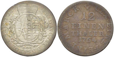 САКСОНИЯ 1/12 ТАЛЕРА 1764 EDC, ФРИДРИХ АВГУСТ III (1763-1806) KM 956 (C100) серебро 210-222