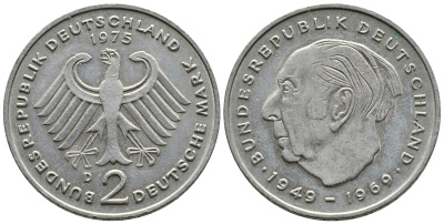 ФРГ 2 МАРКИ 1975 D, ТЕОДОР ХОЙС KM 127, J. 407 медно-никель плакированный никелем 4110-235