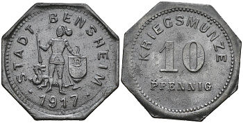 ГЕРМАНИЯ ГЕССЕН БЕНСХАЙМ 10 ПФЕННИГОВ 1917 КРИГСГЕЛЬД цинк 75-1641