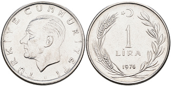 Турция 1 лира 1976 Мустафа Кемаль Ататюрк KM 889a.2 нержавеющая сталь4595-517