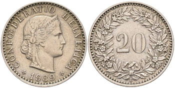 ШВЕЙЦАРИЯ 20 РАППЕНОВ 1939 В KM 29a медно-никель 55-644