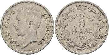 БЕЛЬГИЯ 5 ФРАНКОВ 1930 BELGEN KM 98 никель 82-1142