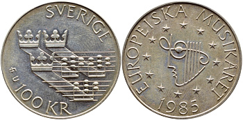 Швеция 100 крон 1985 Карл XVI Густав (1973- ), европейский год музыки KM 865 серебро UNC 1072-5-32