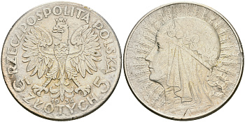 Польша 5 злотых 1934 w, Ядвига KM 21, Parchimowicz 116d серебро 08-1246
