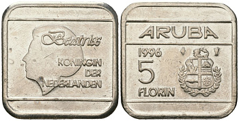 Аруба 5 флоринов 1996 Беатрикс (1980-2013) KM 12 стал плакированная никелем 4619-355