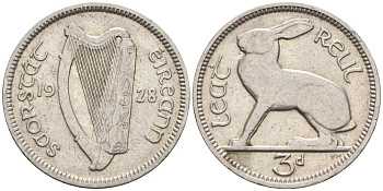 Ирландия 3 пенса 1928 заяц KM 4 никель 4174-311
