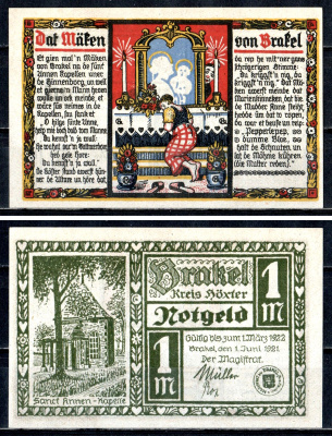 Бракель (Пруссия, Вестфалия) 1 марка 1921 Mehl Grabowski 150.2-4/5 бумага UNC (пресс) 7556-51-4-1