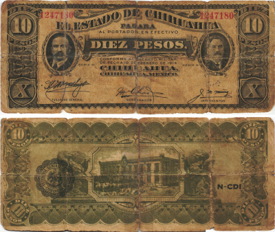 Мексика, Революция 10 песо 1914 штат Чиуауа, без даты, черная зубчатая печать Pick S533e бумага 6278-66-2