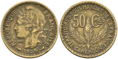 Французский Камерун 50 сантимов 1925 (а), монетный двор Париж KM 1 алюминиевая бронза 4164-1221