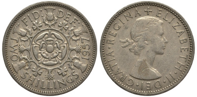 Великобритания 2 шиллинга (флорин) 1957 Елизавета II (1952-2022) KM 906, Spink 4146 медно-никель  4185-635