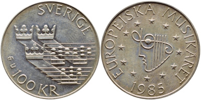 Швеция 100 крон 1985 Карл XVI Густав (1973- ), европейский год музыки KM 865 серебро UNC 1072-5-32