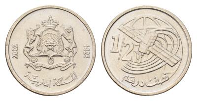 Марокко 1/2 дирхама 2002 AH 1423, год-тип Y 116 медно-никель UNC 4669-463