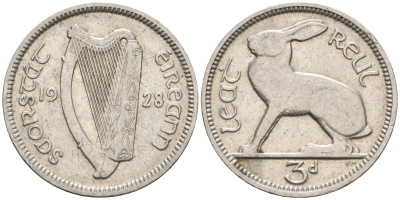 Ирландия 3 пенса 1928 заяц KM 4 никель 4174-311