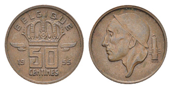 Бельгия 50 сантимов 1955 Belgique, Бодуэн I (1951-1993) KM 148 бронза 4705-223