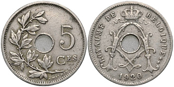 БЕЛЬГИЯ 5 САНТИМОВ 1920 BELGIQUE, АЛЬБЕРТ I (1909-1934) KM 66 медно-никель 4548-1243