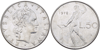 ИТАЛИЯ 50 ЛИР 1978 R, КУЗНЕЦ KM 95.1 нержавеющая сталь 89-1431