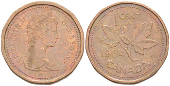 КАНАДА 1 ЦЕНТ 1984 КЛЕНОВЫЙ ЛИСТ, ЕЛИЗАВЕТА II KM 132 бронза 105-333