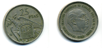 ИСПАНИЯ 25 ПЕСЕТ 1957 (68) ФРАНСИСКО ФРАНКО ДИКТАТОР ИСПАНИИ (1939-1975) KM 787 медно-никель 36-321